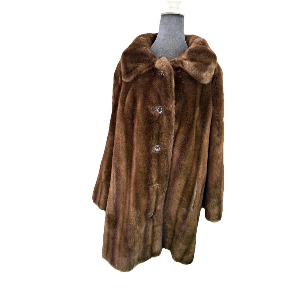 Vintage 60s Faux Mink Fur‎ Coat Brown Mid-Length Mob Wife Aesthetic Glam Size 18